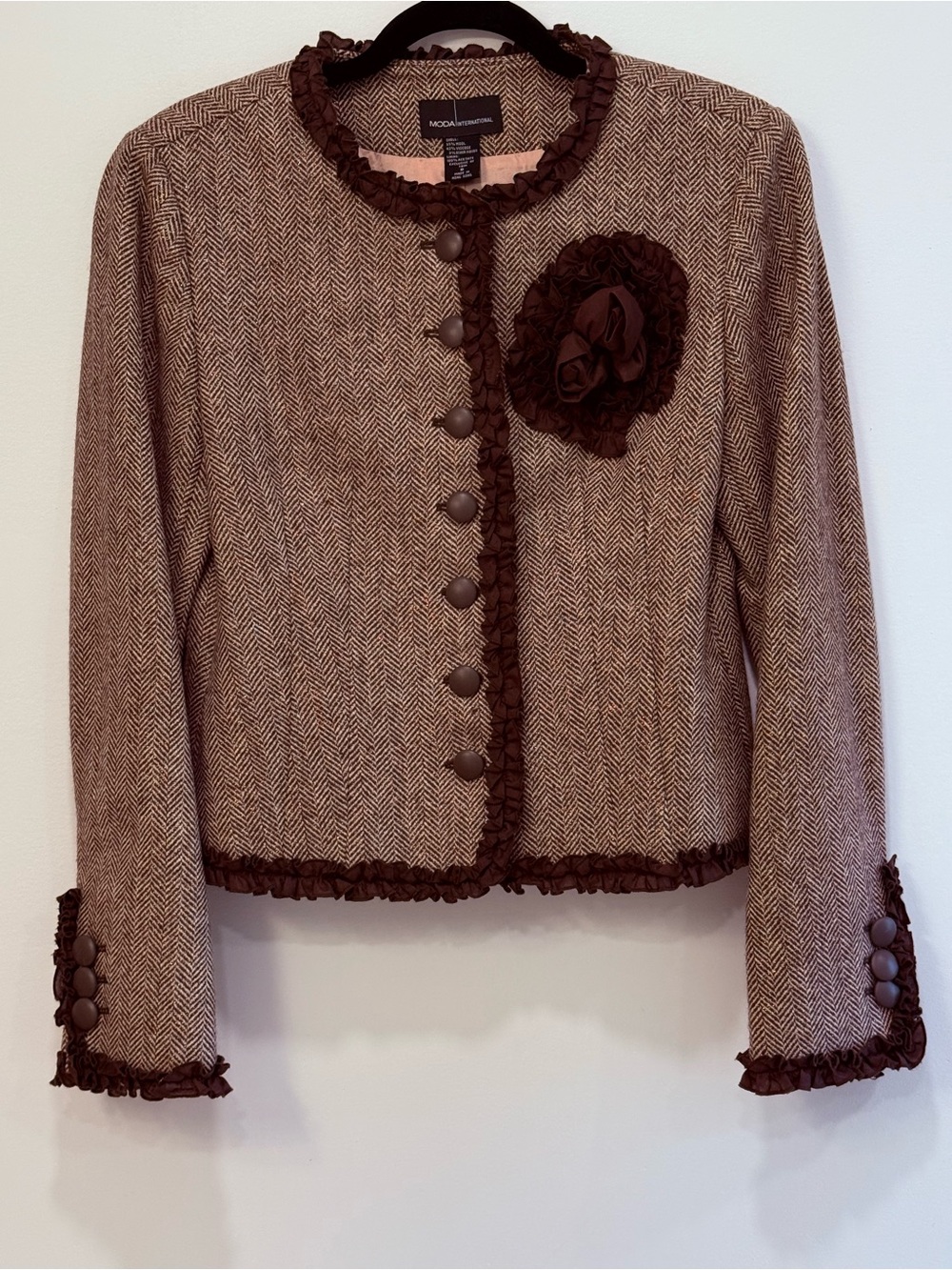 Brown Herringbone Wool Blend Tweed Cropped Blazer with Rosette and Ruffles sz8
